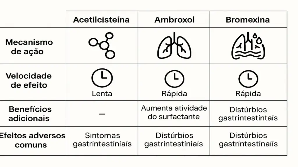 Tabela comparativa entre acetilcisteína, ambroxol e bromexina mostrando diferenças em mecanismo de ação, eficácia e efeitos adversos