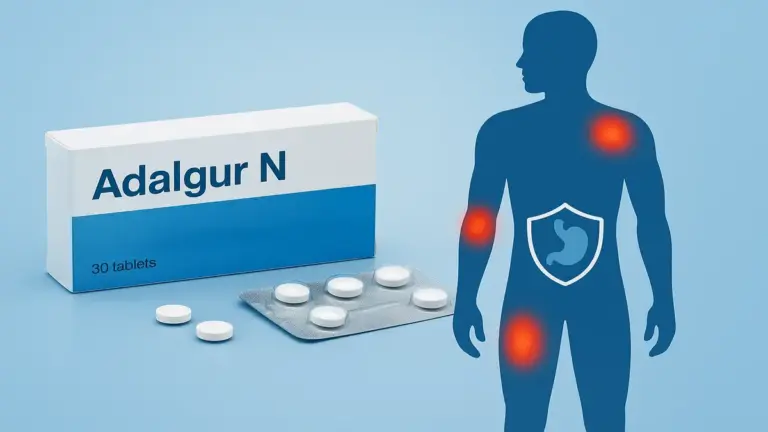 Embalagem do medicamento Adalgur N ao lado de comprimidos, com ilustração mostrando alívio da dor e proteção gástrica em silhueta humana destacando articulações e estômago em tons de azul e branco.