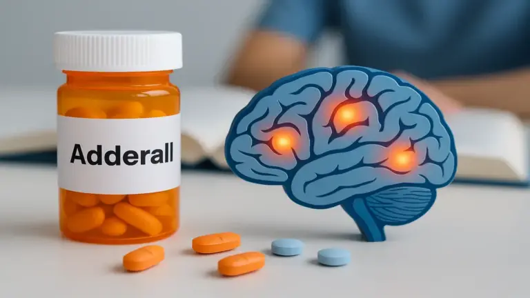 Frasco de medicamento Adderall com comprimidos azuis e laranjas dispostos ao lado de uma ilustração do cérebro humano mostrando áreas de atividade neural, representando o tratamento para TDAH e narcolepsia.