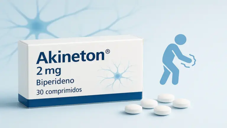Imagem representativa do medicamento Akineton (biperideno), mostrando embalagem e comprimidos com ilustração do sistema nervoso em fundo azul suave, utilizado no tratamento de Parkinson e sintomas extrapiramidais.