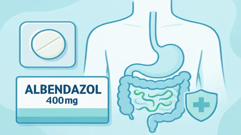 Comprimido de Albendazol 400mg ao lado de ilustração do sistema digestivo humano, demonstrando a ação antiparasitária do medicamento contra vermes intestinais. Imagem em tons de azul e branco com elementos gráficos representando proteção e saúde intestinal.