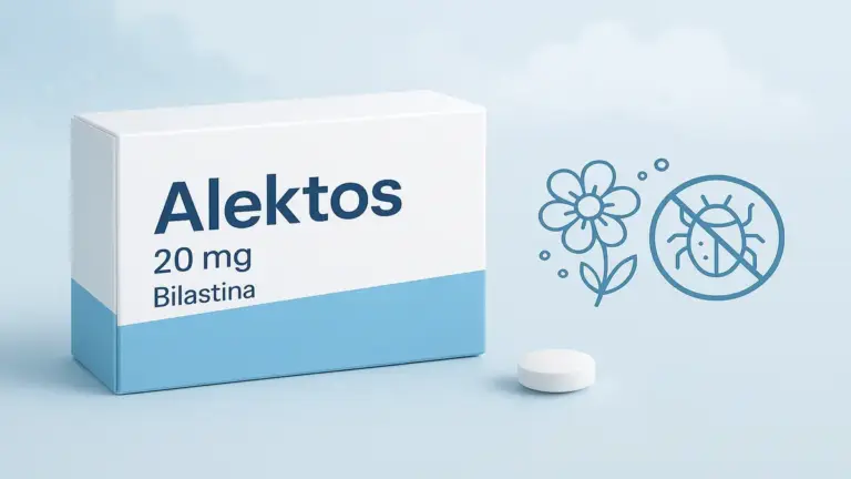 Caixa do medicamento Alektos (bilastina 20mg) ao lado de um comprimido branco, com símbolos representando o alívio de sintomas alérgicos como rinite e urticária