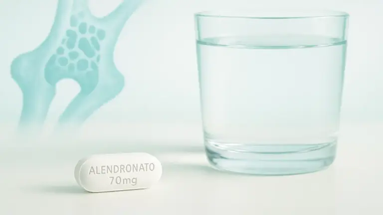 Comprimido de Alendronato de sódio 70mg ao lado de copo de água com representação de estrutura óssea saudável ao fundo, medicamento para tratamento da osteoporose.