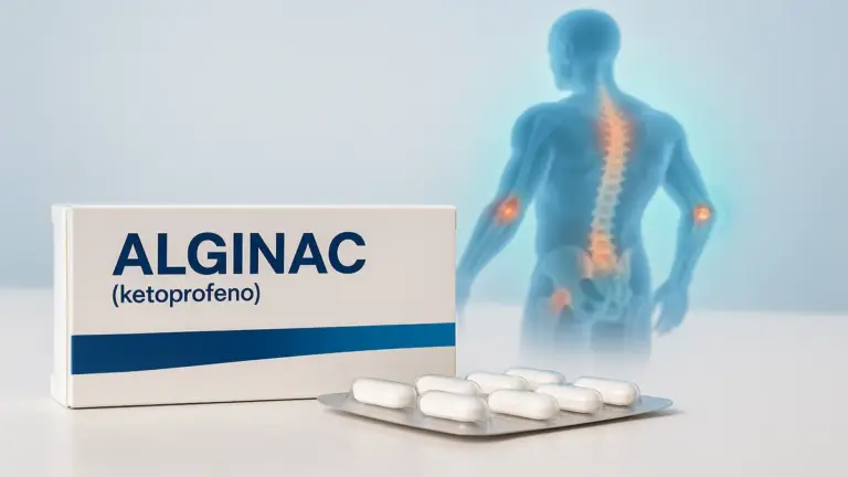 Embalagem do medicamento Alginac (cetoprofeno) com representação visual do alívio da dor e redução da inflamação em áreas musculares e articulares.