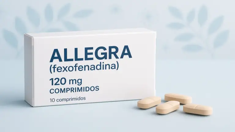 Embalagem genérica de medicamento antialérgico e comprimidos sobre uma superfície clara, com elementos que representam alérgenos ao fundo, em tons de azul suave.