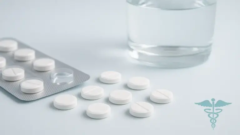 Comprimidos de Alopurinol em blister farmacêutico parcialmente aberto sobre superfície limpa com copo d'água ao fundo, em ambiente clínico profissional.