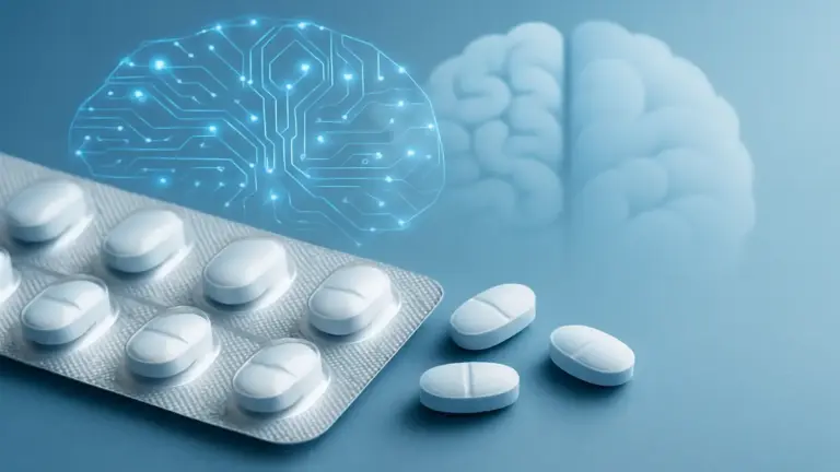Imagem representativa do medicamento alprazolam mostrando um blister de comprimidos e uma representação estilizada do cérebro com efeitos calmantes, em tons de azul e branco, simbolizando o tratamento de transtornos de ansiedade.