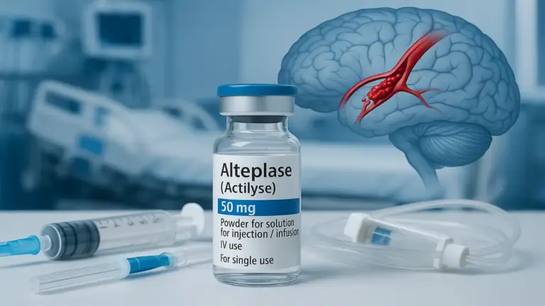 Ampola de Alteplase (Actilyse) com seringa e equipamento de infusão intravenosa em ambiente hospitalar, com ilustração de cérebro mostrando a dissolução de um coágulo em uma artéria cerebral, representando o tratamento trombolítico do AVC isquêmico.