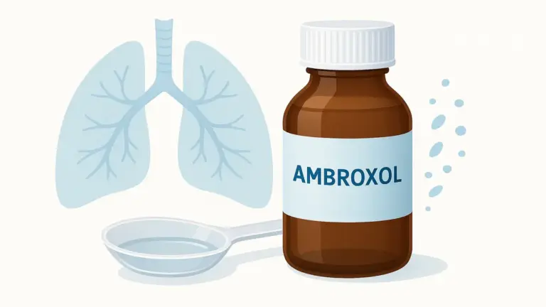 Frasco de xarope de Ambroxol com colher dosadora ao lado e ilustração de pulmões saudáveis ao fundo, representando o efeito mucolítico e expectorante do medicamento no sistema respiratório.