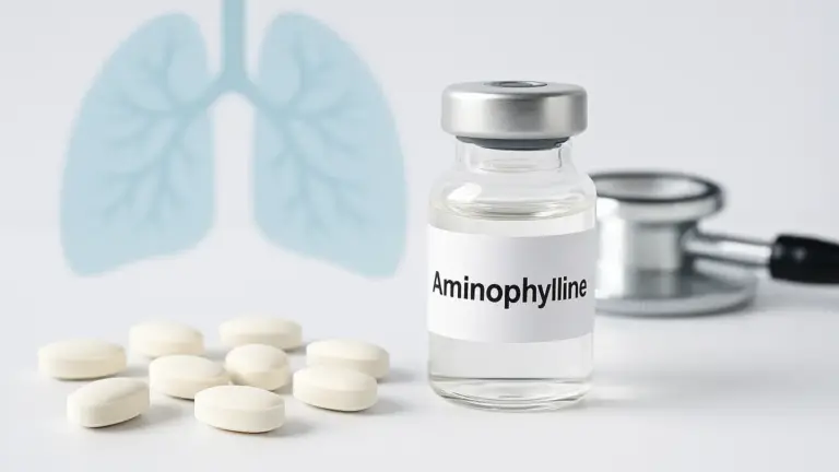 Comprimidos e ampola injetável de Aminofilina ao lado de elementos que representam o sistema respiratório e um estetoscópio, simbolizando o uso clínico deste broncodilatador no tratamento de doenças respiratórias.