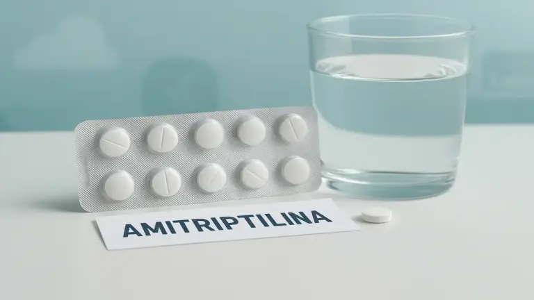 Cartela de comprimidos de amitriptilina (antidepressivo tricíclico) sobre uma superfície clara com um copo d'água ao lado, em fundo com tonalidades suaves que transmitem tranquilidade e bem-estar.