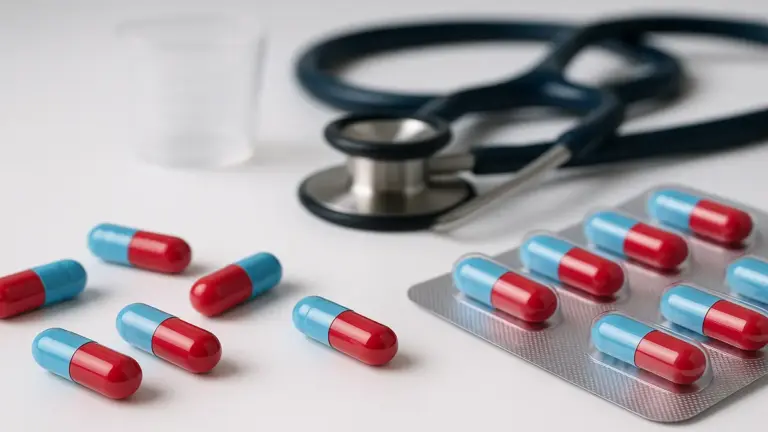 Cápsulas bicolores de amoxicilina (azul e vermelha) dispostas ao lado de um blister parcialmente aberto em um ambiente clínico limpo com estetoscópio desfocado ao fundo.