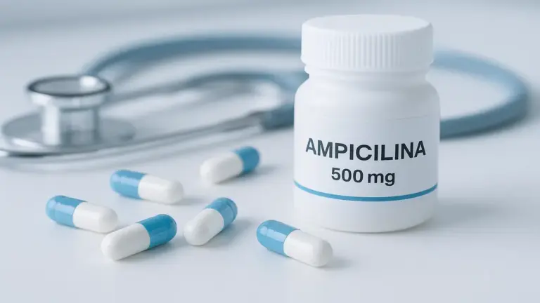 Cápsulas de ampicilina 500mg dispostas sobre superfície médica branca com estetoscópio ao fundo - antibiótico para tratamento de infecções bacterianas