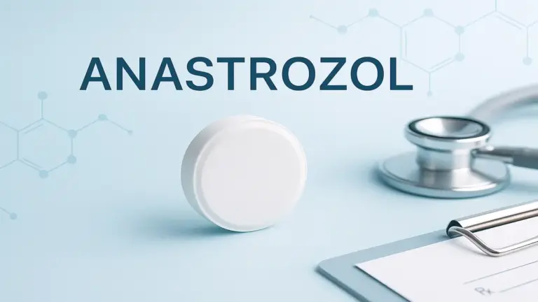 Comprimido de anastrozol sobre fundo médico profissional com elementos farmacêuticos, ilustrando medicamento para tratamento de câncer de mama