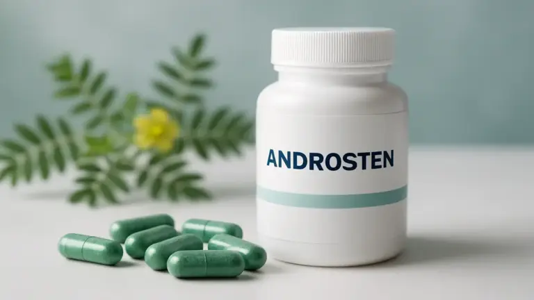 Cápsulas de suplemento Androsten com Tribulus terrestris em ambiente médico profissional, representando suplementação natural para saúde e bem-estar