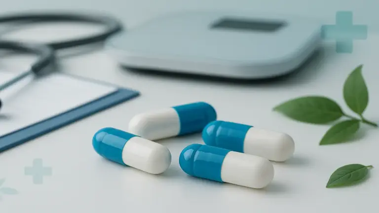Cápsulas de anfepramona em ambiente médico profissional com balança digital ao fundo, representando tratamento para obesidade sob supervisão médica