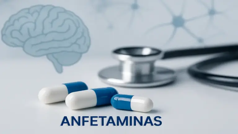 Comprimidos de anfetamina medicinal sobre superfície clínica com estetoscópio, representando tratamento médico para TDAH e narcolepsia