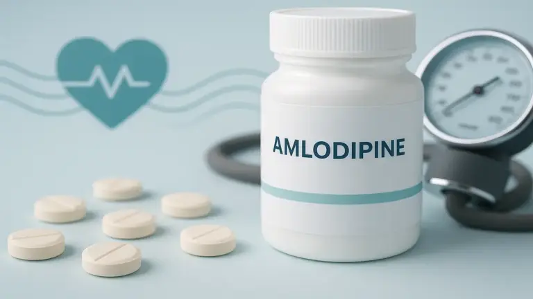 Comprimidos de anlodipino com frasco de medicamento e aparelho de pressão ao fundo, representando tratamento para hipertensão arterial