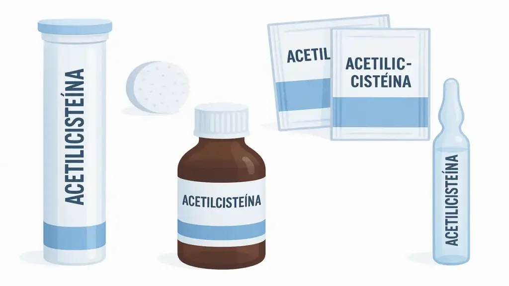 Diferentes apresentações farmacêuticas da acetilcisteína: comprimidos efervescentes, sachês, xarope e solução para nebulização