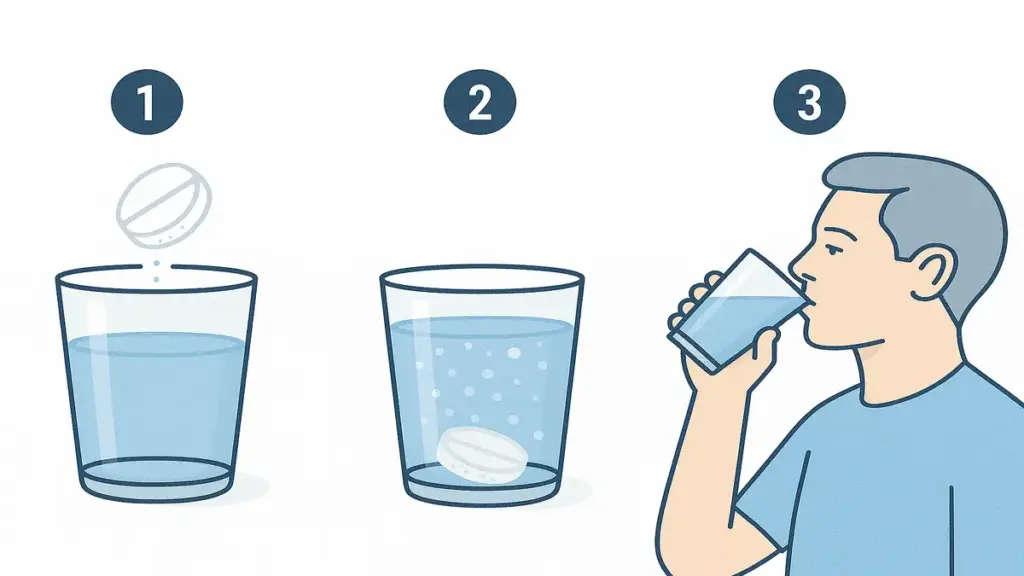 Sequência ilustrada em três passos mostrando como preparar e tomar comprimido efervescente de acetilcisteína corretamente