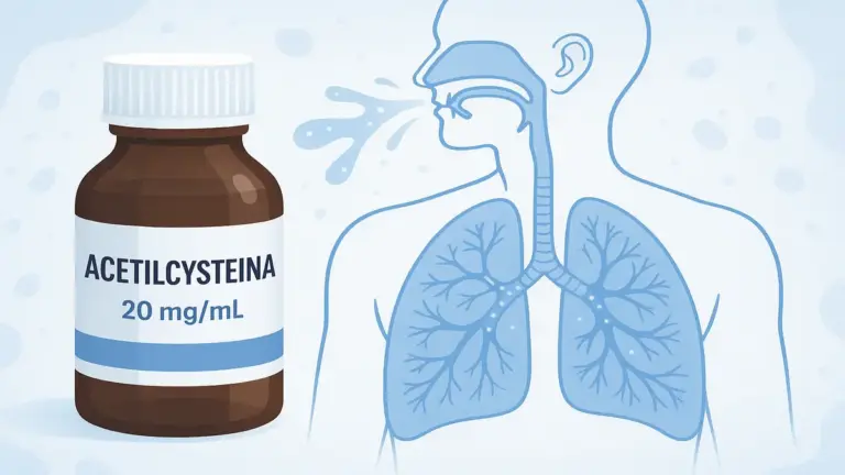 Frasco de acetilcisteína ao lado de uma ilustração do sistema respiratório mostrando sua ação mucolítica nos brônquios