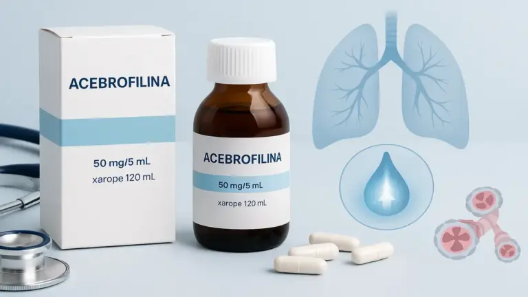 Frasco de xarope e cápsulas de Acebrofilina, medicamento utilizado no tratamento de problemas respiratórios como bronquite, asma e DPOC.