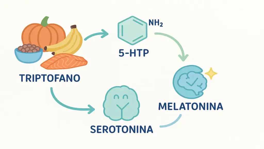 Processo de conversão metabólica do triptofano em 5-HTP, serotonina e melatonina