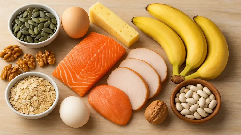 Alimentos ricos em triptofano como ovos, peixes, carnes magras, sementes e leguminosas