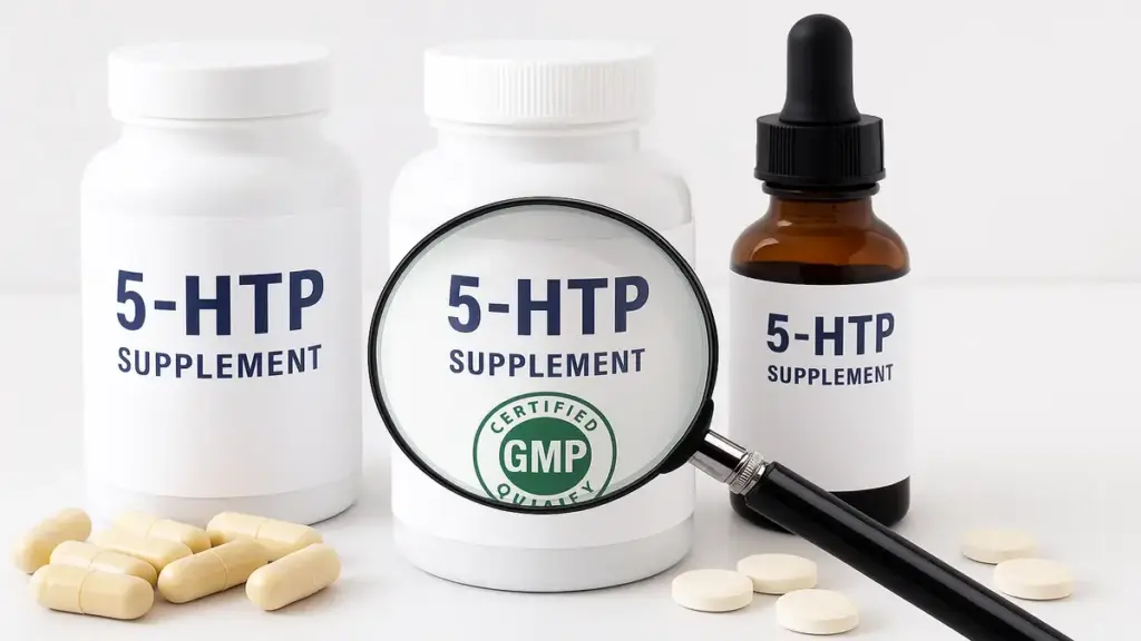 Diferentes formas de suplementos de 5-HTP: cápsulas, comprimidos e líquido