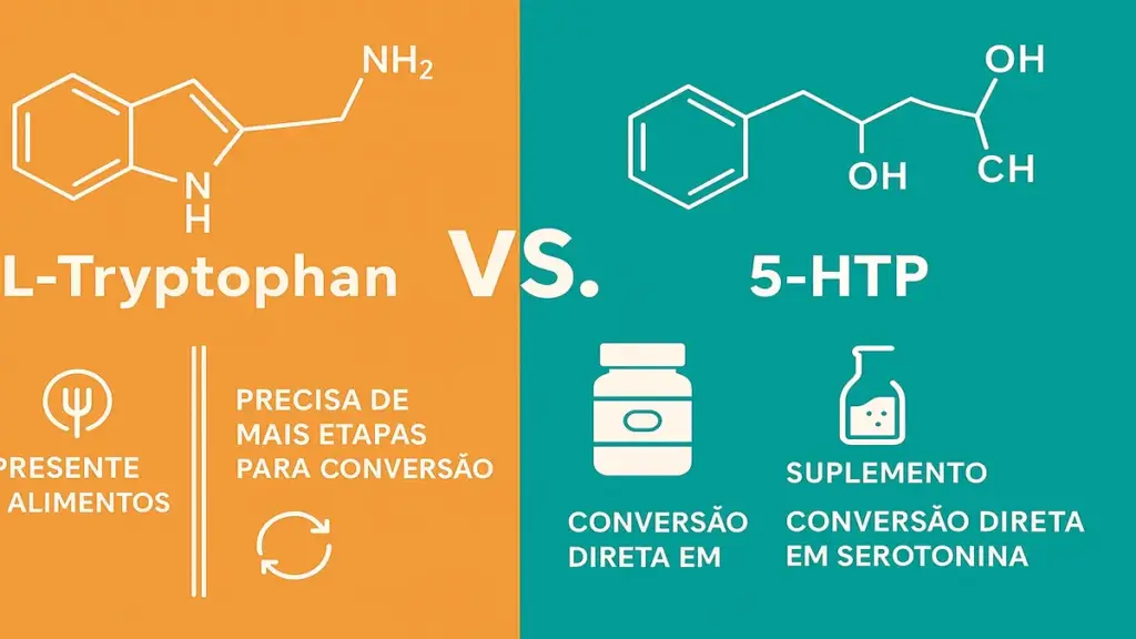 Comparação entre triptofano e 5-HTP mostrando diferenças estruturais e metabólicas